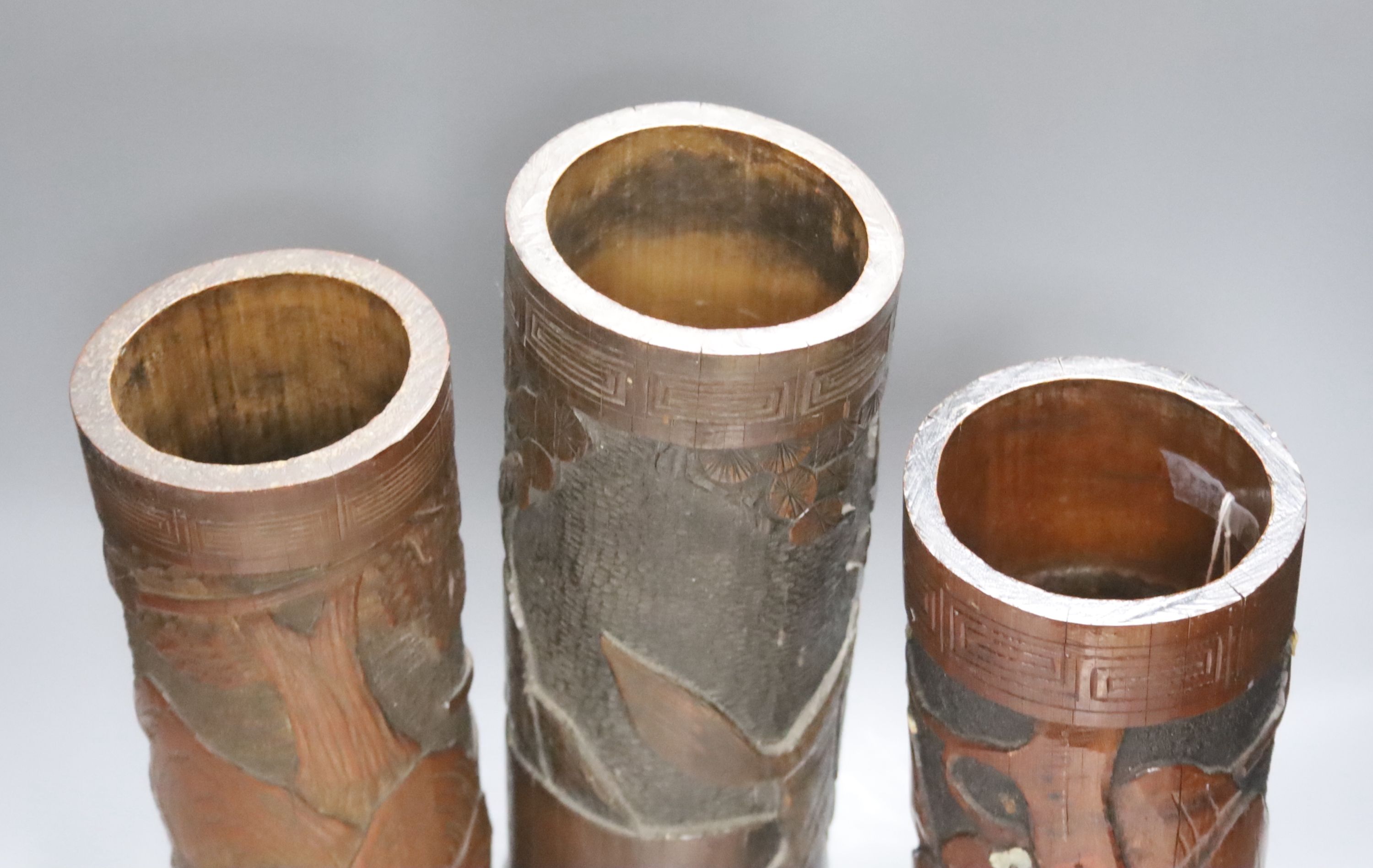 Three Japanese carved bamboo brush pots, 19th/20th century, tallest 40cm